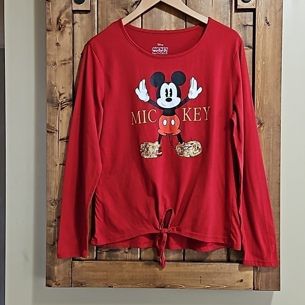 Disney Mickey Red Gold Sequin Keyhole Tie Cotton Long Sleeve Tshirt Size XL